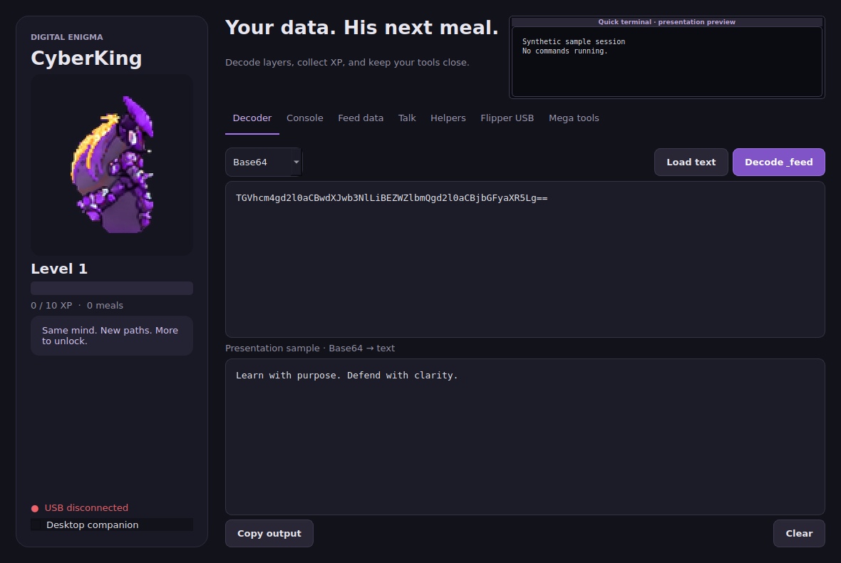 CyberKing desktop showing its purple character, decoder tabs, and a harmless Base64 sample